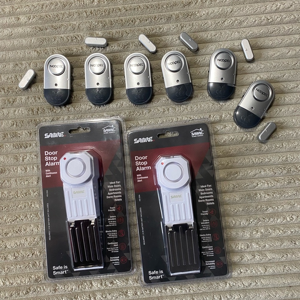 🛡️ Home Security Bundle- 6 Noopel Alarms + 2 Sabre Door Stop Alarms | Loud 120dB